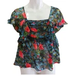 Tracy Reese Top Women's Dark Floral Linen Blend Illusion Flutter Spring Blouse. Fixed Price $16.95.