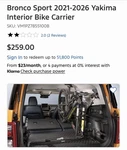 Bronco Sport 2021-2026 Yakima Interior Bike Carrier Sku: VM1PZ7855100B. Fixed Price $150.00.
