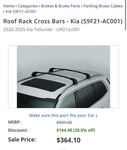 Roof Rack Cross Bars Load Limit 209LBS Kia (G5F21-AC000). Fixed Price $340.00.